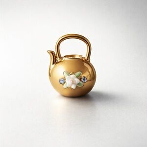 Tiny teapot collectible Japanese lusterware figurine w/ enamel floral detail